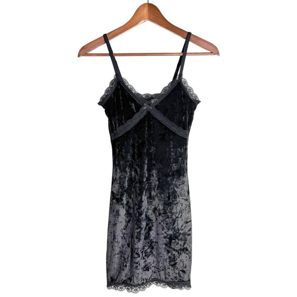 Velvet Babydoll Lace Trim Slip Dress Whimsigoth Fairy Grunge Mini Bodice XS